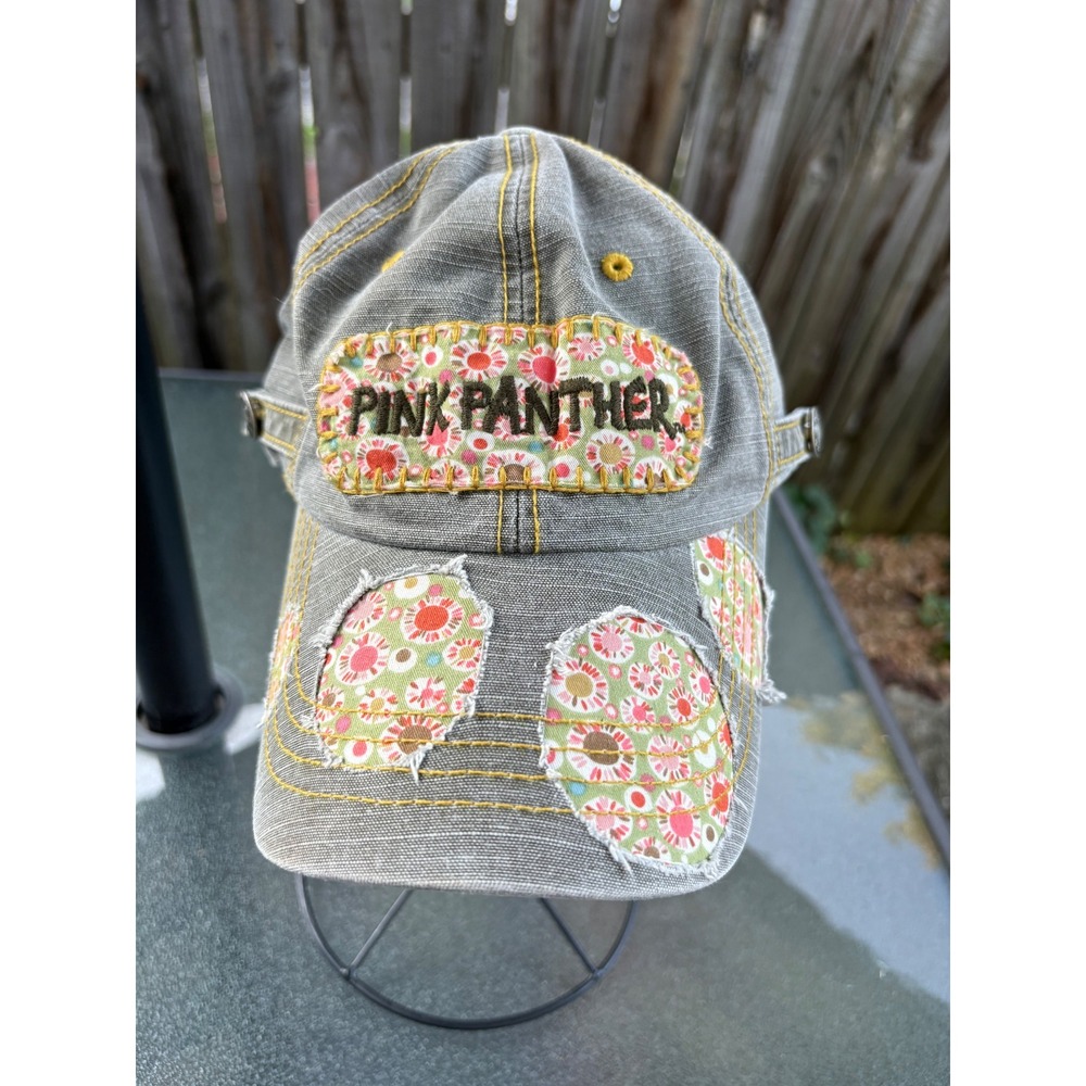 Pink Panther Distressed Grey Denim Floral Patchwork Baseball Cap Adjustable Hat
